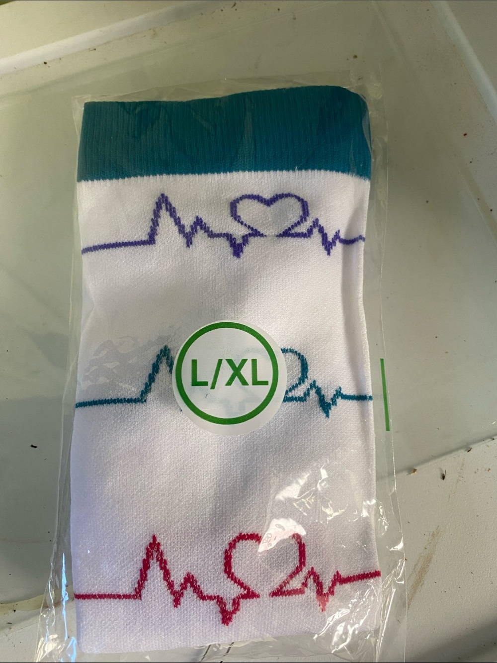 L/XL White Compression Socks with Teal, Purple & Red Heartbeat Accents